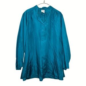 Pure Silk Tunic Blouse Womens 18 Teal Blue Jewel Tone Oversized Boho Coastal 90s